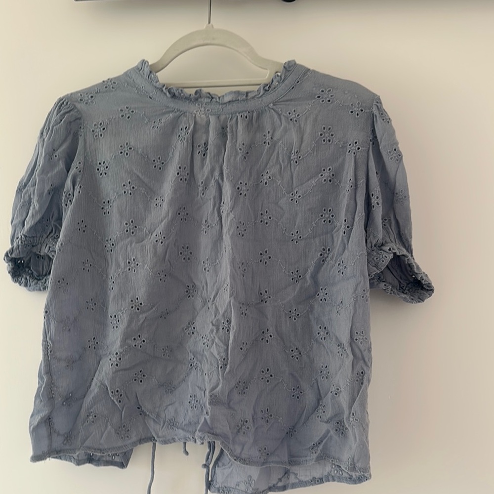 Free People Gray Embellished Blouse with Cuffed Sleeves